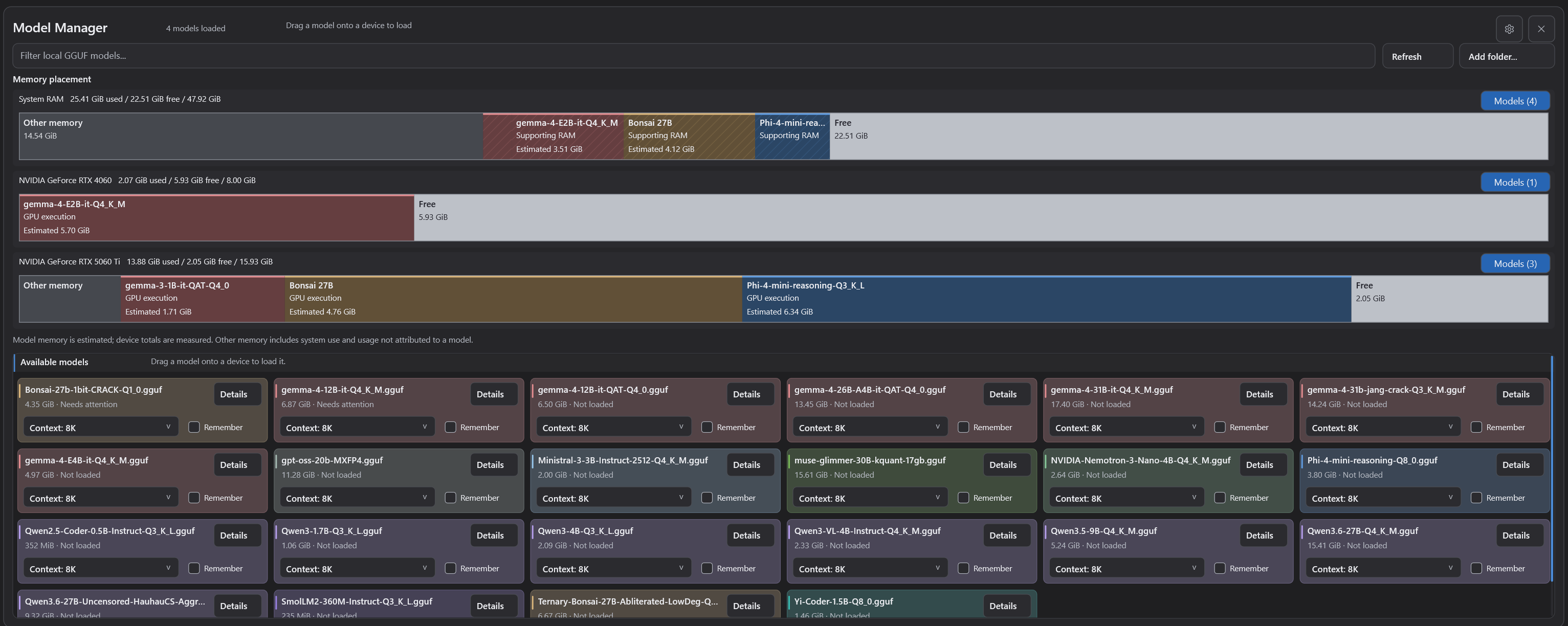 AI Arena C++ modern Model Manager with family-coloured model cards and CPU and GPU memory lanes